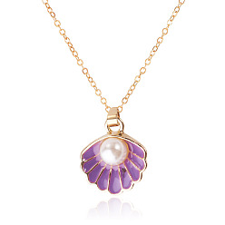 Blue Violet 304 Stainless Steel Necklaces, Shell Shape, with Alloy Enamel & ABS Plastic Imitation Pearl Pendants, Golden, Blue Violet, 15.75 inch(40cm), Pendant: 16.7mm