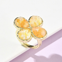 Желтый Кварц Регулируемые кольца на палец из натурального желтого кварца с огранкой для женщин., клевер, латунные кольца для обшивки стойки, золотые, 17 мм