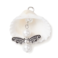 Античный Серебристый & Платиновый Подвески-ракушки из медной проволоки, Подвески-ангелы со стеклянными жемчужными бусинами и крыльями из сплава, старинное серебро и платина, 34x30x13 мм, отверстие : 3.2 мм