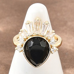 Obsidian Fingerringe aus Messing mit natürlichem Obsidian, Träne, Zirkonia Fingerringe, golden, us Größe 7 1/4 (17.5 mm)
