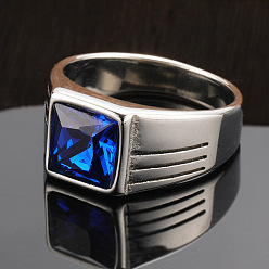 Синий Модные 304 кольца из нержавеющей стали с кубическим цирконием для мужчин, панк-стиль, прямоугольные, синие, размер США 8 (18.1 мм)