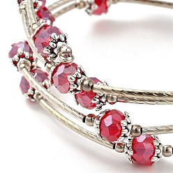 Red Fashion Wrap Bracelets, with Rondelle Glass Beads, Tibetan Style Bead Caps, Brass Tube Beads and Steel Memory Wire, Red, Inner Diameter: 55mm