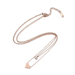 Rose Gold Ion Plating(IP) 304 Stainless Steel Cable Necklaces, Heart & Flat Round with Rhinestone Pendant Necklaces for Women, Rose Gold, 15.94 inch(40.5cm)