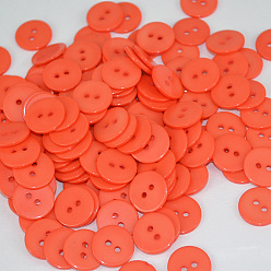 Orange Red Two-hole Buttons for DIY Making, Resin Button, Flat Round, Orange Red, about 15mm in diameter, hole: 2mm, about 400pcs/bag