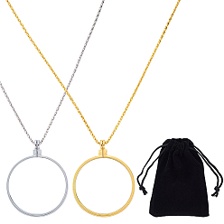 Золотой & Серебряный 2 шт. 2 цвета плоские круглые стеклянные увеличительные подвески-подвески, ожерелья из цинкового сплава с цепочками, золотой и серебряный, 35.43 дюйм (90 см), 1 шт / цвет