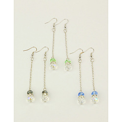 Mixed Color Fashion Glass Ball Dangle Earrings, with Brass Middle East Rhinestone Beads, Iron Chains and Brass Earring Hooks, Mixed Color, 80mm