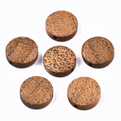 Chocolate Painted Natural Wood Beads, Laser Engraved Pattern, Flat Round with Leopard Print, Chocolate, 15x4.5mm, Hole: 1.5mm