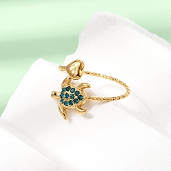 Turtle Ocean 304 Stainless Steel Micro Pave Cubic Zirconia Cuff Open Rings, Heart, Real 18K Gold Plated, Turtle, 17mm