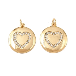 Плоский Круглый Латунные микропаве прозрачные подвески с фианитом, с целью перехода в кольце, долговечный, без кадмия и без свинца, реальный 18 k позолоченный, плоско-круглые с сердцем, 19.5x17x2.3 мм, отверстие : 3.4 мм