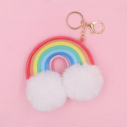 White PU Leather Rainbow & Imitation Rabbit Fur Keychain, Big Pendant Decoration, White, 20.5cm