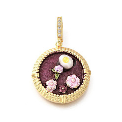 Серо-розавый Латунные подвески с микропаве из кубического циркония и эмали, плоский круглый с цветными чарами, с натуральным пресноводным жемчугом, без никеля , реальный 18 k позолоченный, увядшая роза, 26.5x24.5x8.5 мм, отверстие : 6.5x4.5 мм