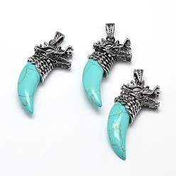 Синтетическая Бирюза Бивень форма с драконом античный серебряный сплав цинка синтетический бирюзовые большие подвески, без свинца и без никеля , 56~59x25x11.5 мм, отверстие : 4x8 мм