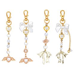 (52) Непрозрачная лаванда 4шт. акриловые и АБС-пластиковые имитация жемчуга и эмали сплава и латунные подвесные украшения, с сплава шарнирного когтя омара застежками, сердце и лук, разноцветные, 135 мм