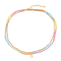 Letter G Красочные подвески с инициалами из бисера, двухслойные ожерелья, 304 ювелирные изделия из нержавеющей стали, золотые, Буква G, 16.54 дюйм (42 см)