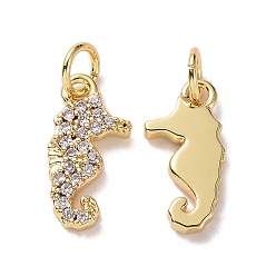 Golden Brass Charms, with Micro Pave Cubic Zirconia and Jump Rings, Sea Horse, Clear, Golden, 11x6x1.2mm, Hole: 3.5mm