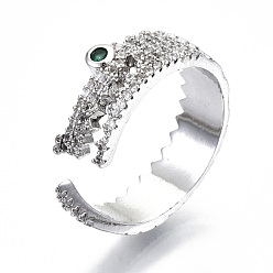 Платинированный Латунные кольца из манжеты с прозрачным цирконием, открытые кольца, без кадмия, без никеля и без свинца, крокодил, Реальная платина, размер США 7 1/4 (17.5 мм)