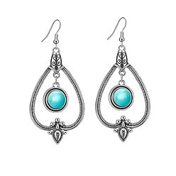 Темно-бирюзовый Серьги с подвесками из синтетического бирюзового сплава, слеза, античное серебро, темные бирюзовый, 75 мм