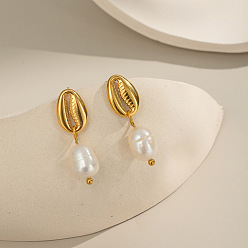 Настоящее золото 18K Серьги-гвоздики в форме ракушки из нержавеющей стали с пресноводным жемчугом, реальный 18 k позолоченный, 26.7x8.5 мм