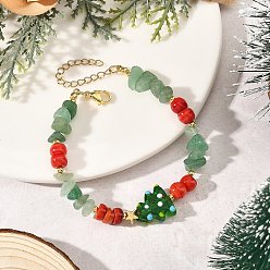 Green Handmade Lampwork Christmas Tree & Natural Green Aventurine & dyed Freshwater Shell Chip Beaded Bracelets, Golden, Green, 7.48 inch(19cm)