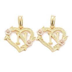 Letter N Настоящие 18 к позолоченные латунные подвески, сердце с алфавитом, letter.n, 18x20x3 мм, отверстие : 6.5x3 мм