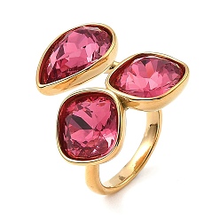Cerise Teardrop & Square Glass Open Cuff Rings, Real 18K Gold Plated 304 Stainless Steel Ring, Cerise, US Size 7 1/4(17.5mm)