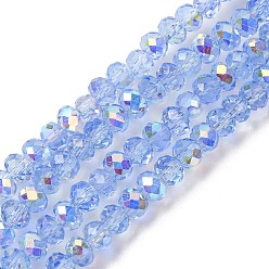 Васильковый Гальванизируйте прозрачное стекло бисер нитей, рондель, с покрытием AB цвета, с половиным покрытием, граненые, васильковый, 4x3 мм, отверстие : 1 мм, около 145~148 шт / нитка, 17.83~18.31'' (45.3~46.5 см)