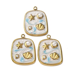 Белый 304 нержавеющей стальной эмали подвески, с абс пластмассовыми жемчужными бисером, прямоугольник с морской звездой и ракушкой, золотые, ионное покрытие (ip), белые, 23.5x17.5x5.5 мм, отверстие : 1.6 мм