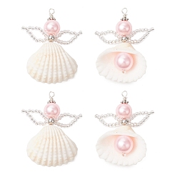 Pink Подвески из моллюсков, ангел, со стеклянными бусинами и петлями из медной проволоки, серебряные, розовые, 37~40.5x31.5x12 мм, отверстие : 1.8 мм