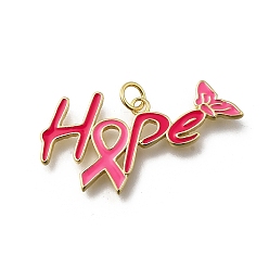 Слово Октябрь рак груди розовая лента осведомленности латунные эмалевые подвески, с целью перехода в кольце, без кадмия и без свинца, долговечный, стойки покрытие, реальный 18 k позолоченный, Слово надежды, 17x33x2 мм, отверстие : 3.5 мм