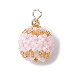 Pink Подвески из бисера, с фурнитурой позолоченной латунной, круглые, розовые, 23x16 мм, отверстие : 3 мм