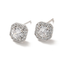 Платинированный Квадратные серьги-гвоздики из прозрачного кубического циркония, долговечные украшения из латуни с покрытием для женщин, без кадмия и без свинца, Реальная платина, 8x8 мм, штифты : 1 мм