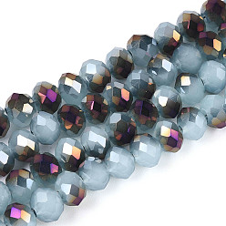 Светло-Голубой Стеклянные бусины с гальваническим покрытием , имитация нефрита, половину фиолетовым покрытием, граненые, рондель, Небесно-голубой, 6x5 мм, отверстие : 1 мм, около 80~85 шт / нитка, 38~40 см