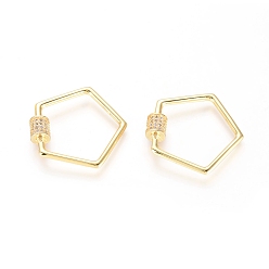 Golden Brass Micro Pave Cubic Zirconia Screw Carabiner Lock Charms, for Necklaces Making, Pentagon, Clear, Golden, 26x26x2mm