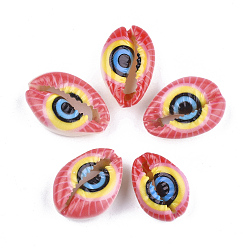 Orange Red Printed Cowrie Shell Beads, No Hole/Undrilled, Orange Red, 20~25x13~17x7~8mm