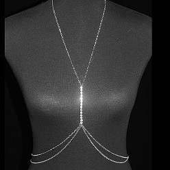 Платина Сплав кристалл стразы плоский круглый двухслойный бикини сексуальные цепи для тела для пляжной вечеринки, платина, 500~800 мм