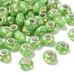 Светло-зеленый Прозрачные европейские бусины-рондель из смолы, с треугольными пайетками и латунными сердечниками платинового тона, бусины с большим отверстием, светло-зеленый, 14x8.5 мм, отверстие : 5 мм