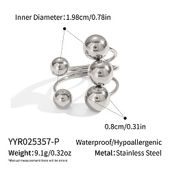 Stainless Steel Color 304 Stainless Steel Cuff Open Rings for Women, Round Ball, Stainless Steel Color, 8mm, US Size 10(19.8mm)