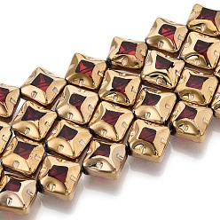 Темно-Красный Стеклянные бусины с гальваническим покрытием , ромб, с золотым оттенком латуни, темно-красный, 11~12x11~12x6 мм, отверстие : 0.9 мм, около 28~29 шт / нитка, 12.40~12.91'' (31.5~32.8 см)