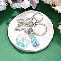 Letter G 26шт. брелок с кисточкой из прозрачной эпоксидной смолы, прозрачного акрила и искусственной замши, с кольцами для ключей из сплава, с цепочками и застежками-лобстерами, бабочка, Буква G, 95~108 мм