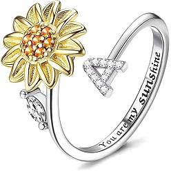 Letter A Регулируемые вращающиеся манжеты из латуни со стразами, письмо и подсолнух, Словом ты мое солнышко, Кольцо-спиннер для успокоения беспокойства, медитации, платина и светлое золото, буква a, внутренний диаметр: 15~20 мм