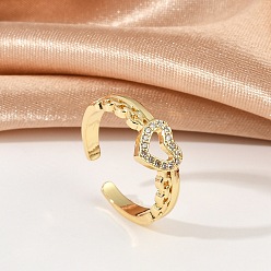 Настоящее золото 18K Открытые манжеты для женщин из латуни с микро-паве в форме сердца и прозрачным цирконием, без кадмия и без свинца, реальный 18 k позолоченный, 7.5 мм, внутренний диаметр: регулируемый