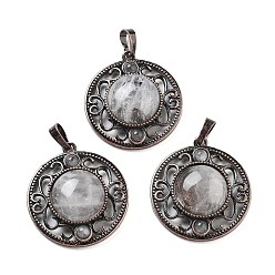 Хрусталь Природного кварца хрустальных подвесок, латунные полые плоские круглые подвески из горного хрусталя, без кадмия и без свинца, Красная медь, 33.5x30.5x9.5 мм, отверстие : 8x5 мм