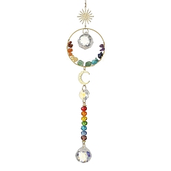 Oro Cuentas de vidrio de chakras, cuentas de piedras preciosas mixtas naturales y sintéticas, y atrapasoles colgantes de latón., sol y luna, para adornos de ventanas de jardín, dorado, 320 mm
