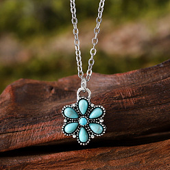 Бирюза Ожерелья из сплава паве из синтетической бирюзы с подвеской в виде цветка, платина, бирюзовые, 18.50 дюйм (47 см)