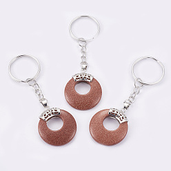 Камень с Пылевым Золотом Брелок из синтетического золотого камня, с металлизированными кольцами из платины и латунными находками, плоско-круглые, 84 мм