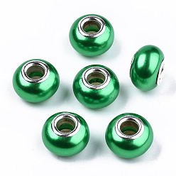 Зеленый Искусственный жемчуг стиль смолы европейские бусины, бусины с большими отверстиями в форме шайбы, с двойных ядер серебрянного цвета, зелёные, 14x9 мм, отверстие : 5 мм