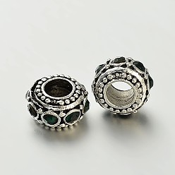 Изумруд Старинное серебро сплав цинка горный хрусталь большое отверстие европейского Rondelle шарики, изумруд, 10~12x6 мм, отверстие : 4.5 мм