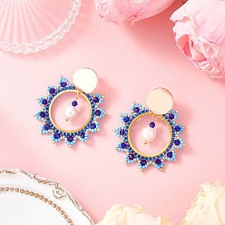 Светло-Голубой Серьги-гвоздики из латунного стекла с солнечными лучами, с жемчугом из раковины , золотые, Небесно-голубой, 48.5x42 мм