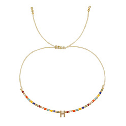 Letter H Браслеты с подвесками из латуни в богемном стиле, Браслеты из бисера и стеклянных бусин для женщин, буквы, золотые, Письмо ч, 11.02 дюйм (28 см)