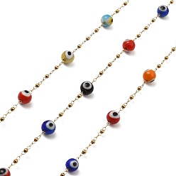 Colorful Evil Eye Lampwork Beaded Link Chains, with Golden 304 Stainless Steel Paperclip Chains, Soldered, with Spool, Colorful, 6mm, 2mm, about 32.81 Feet(10m)/Roll